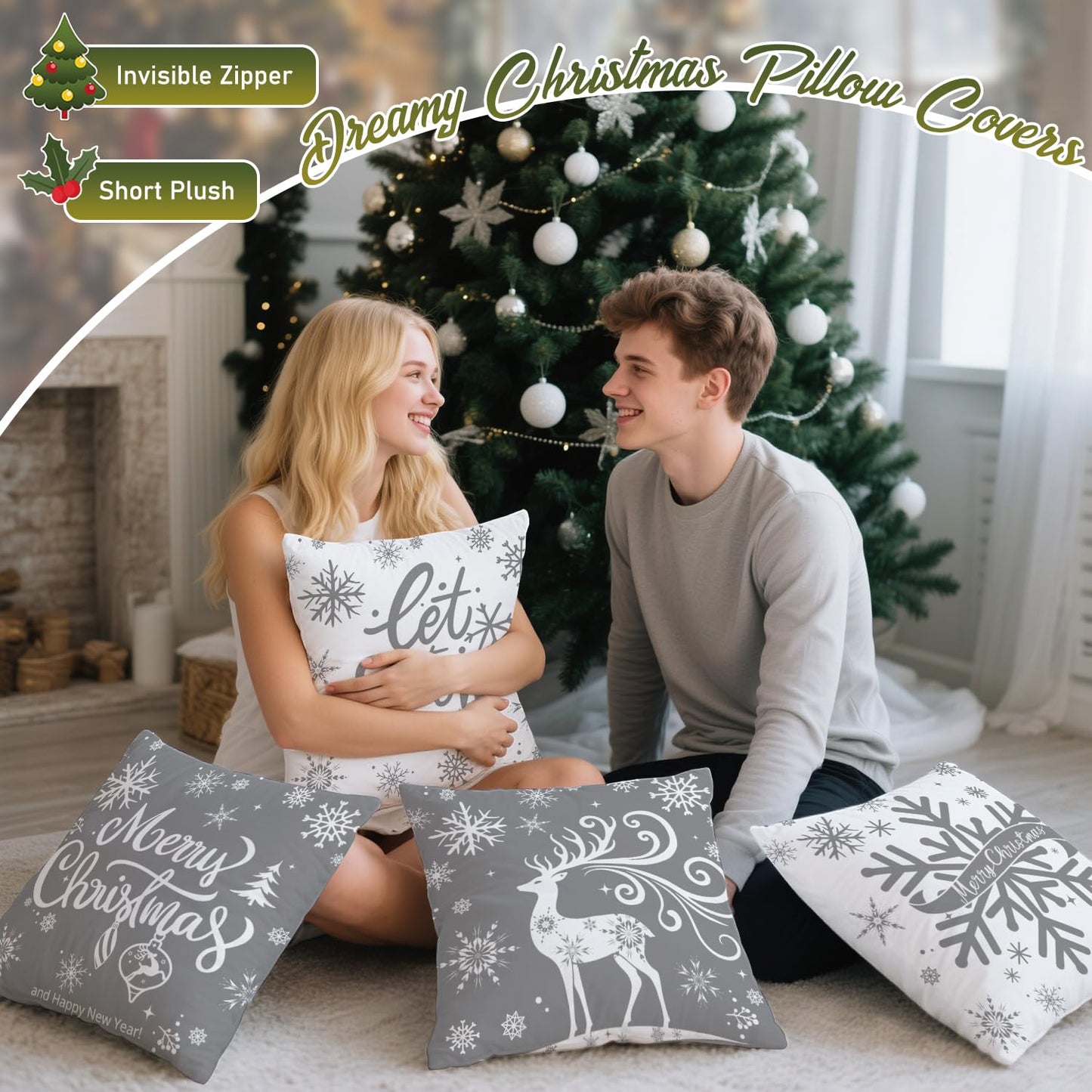 Artmag Merry Christmas Throw Pillow Covers 16x16 inch Snowflakes Let it Snow Moose Winter Holiday Grey Cushion Case for Coach Sofa Decorations Set of 4