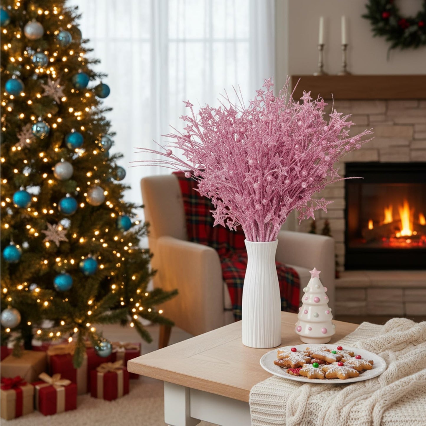 Simgoing 24 Pcs Artificial Christmas Berry Stem Picks Star Picks Faux Floral Berry Spray Branches Christmas Table Centerpiece Home Office Vase Filler Decoration (Pink)