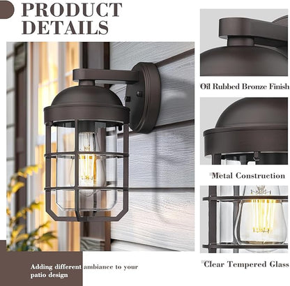 Emliviar 2 Packs Outdoor Wall Lamps, Patio Wall Lighting Waterproof with Clear Tempered Glass, Vintage Exterior Lights in Oil Rubbed Bronze Finish, GE255BL-2PK ORB
