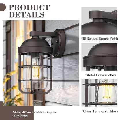 Emliviar Outdoor Wall Lamps 2 Pack, Waterproof Vintage Lighting, 11.3 Inch, Oil Rubbed Bronze with Clear Tempered Glass, Model GE255BL-2PK ORB