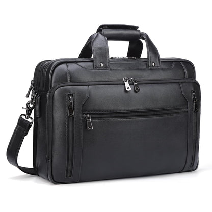 Masa Kawa Black Leather Briefcase for Men, Waterproof 16 Inch Laptop Computer Case, Crossbody Shoulder Messenger Bag for Business Travel, Office Work