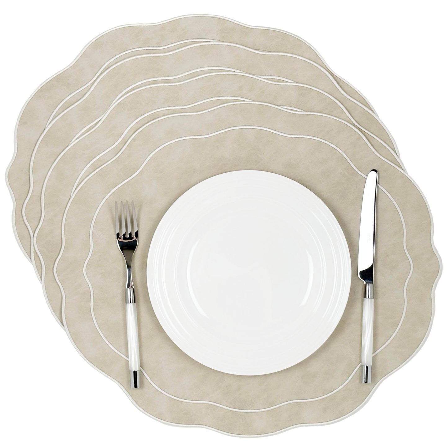 Bryonia Embroidered Scalloped Faux Leather Placemats Set of 4 - Earth Tone, Soft, Wipeable Luxury Dinner Table Mats for Dining & Wedding, 17.25" x 15", Ivory
