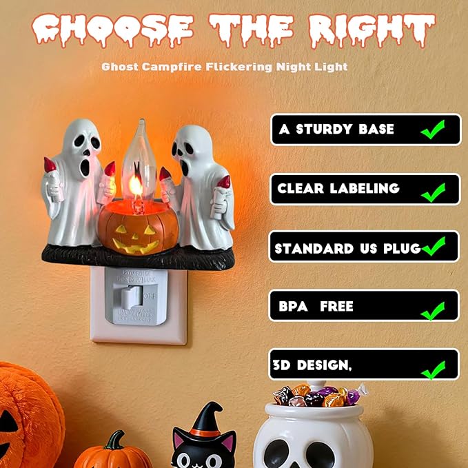 Ghost Campfire Nightlight,Halloween Campfire Flickering Night Light,3D Spooky Fire Marshmallow Night Light for Halloween Decor (Torch Ghost)