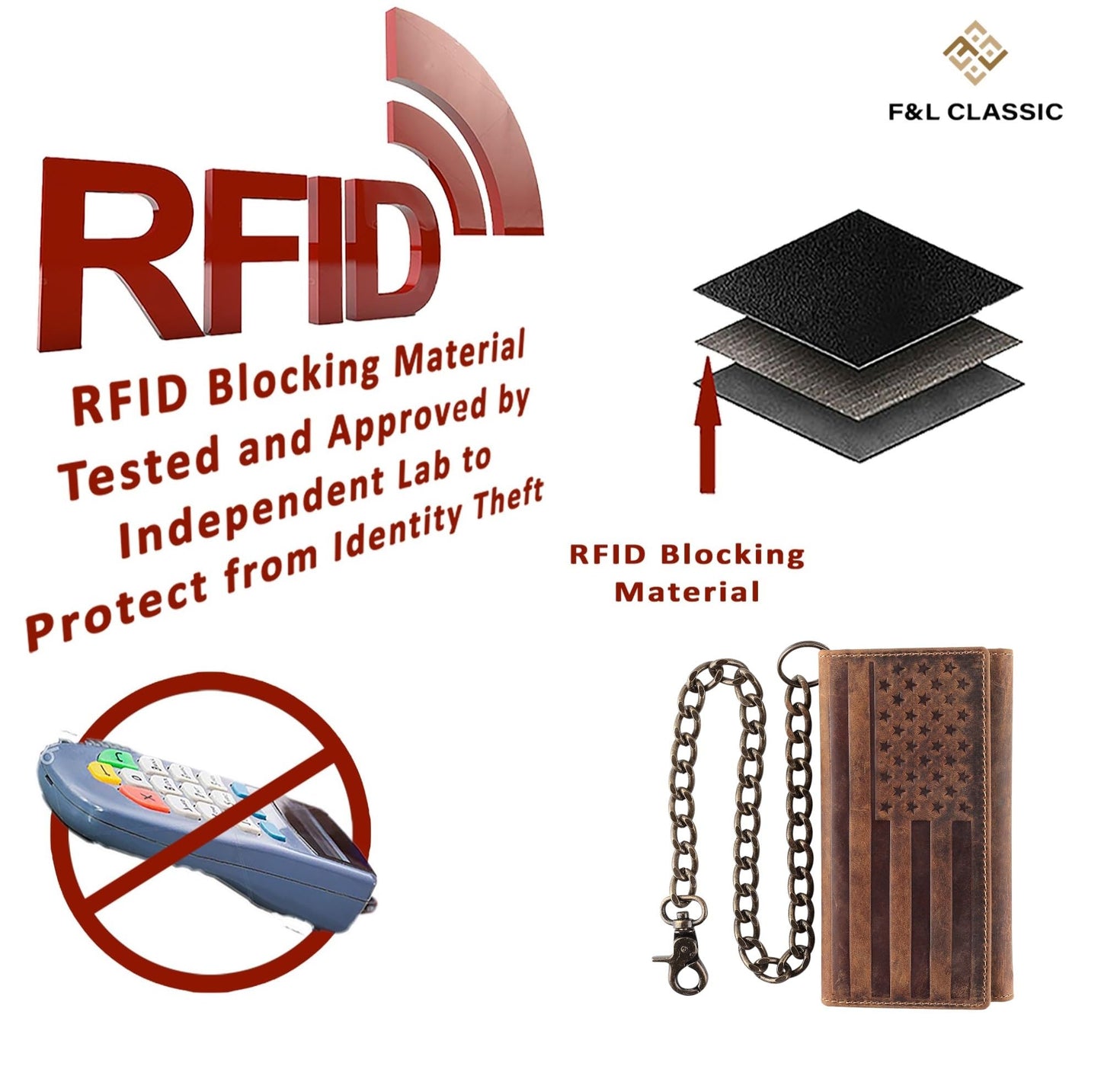 F&L CLASSIC RFID Blocking Mens Tri-fold Long Style Cowhide Leather Steel Chain Wallet,brown flag,212-100