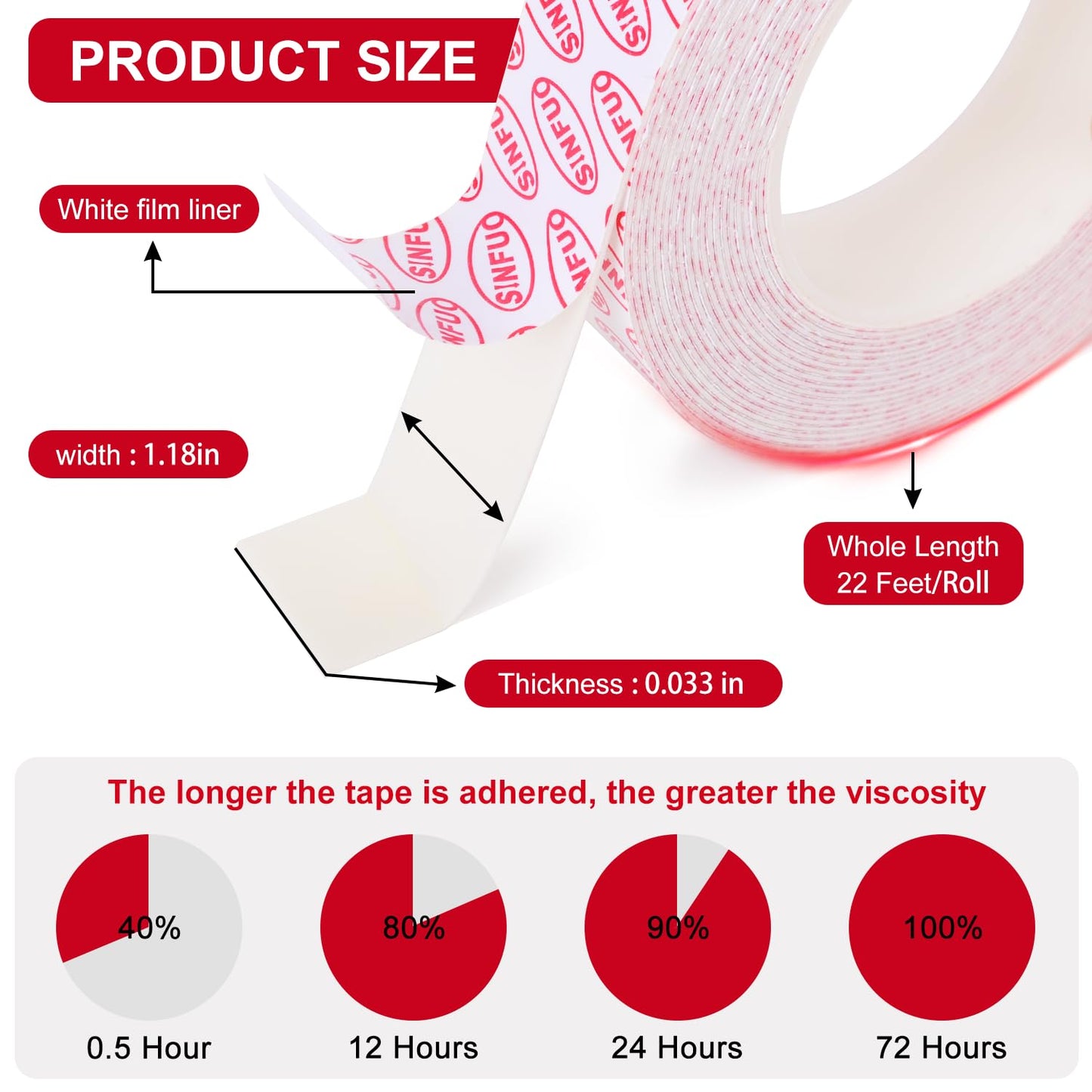 Sinfuo Double Sided Foam Tape Heavy Duty, Removable Damage Free Adhesive Tape, Residue Free Tape Picture Hanging Adhesive Strips Suitable for Indoor and Outdoor Installation Home Office(1.18" x 22Ft)