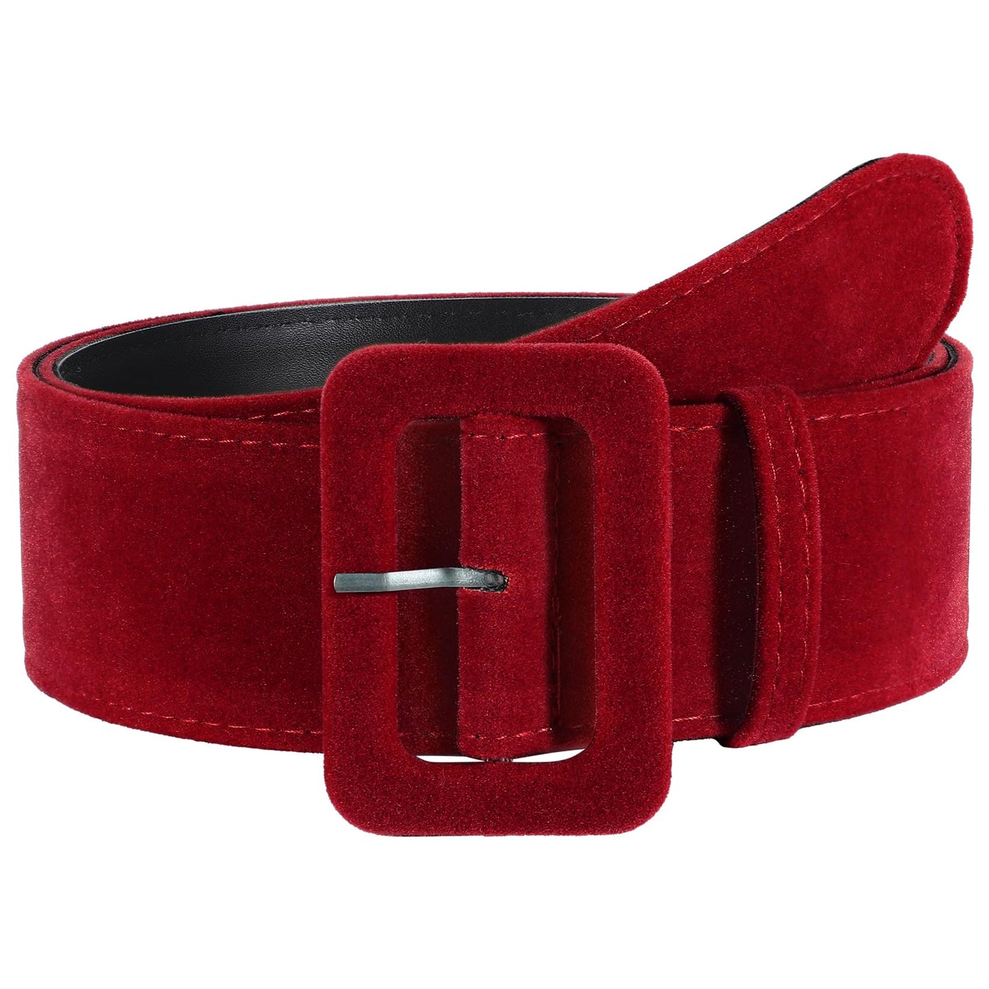 VONMELLI Women Wide Velvet Belt for Dresses Red Thick Chunky Waist Belt with Vintage Square Buckle, L