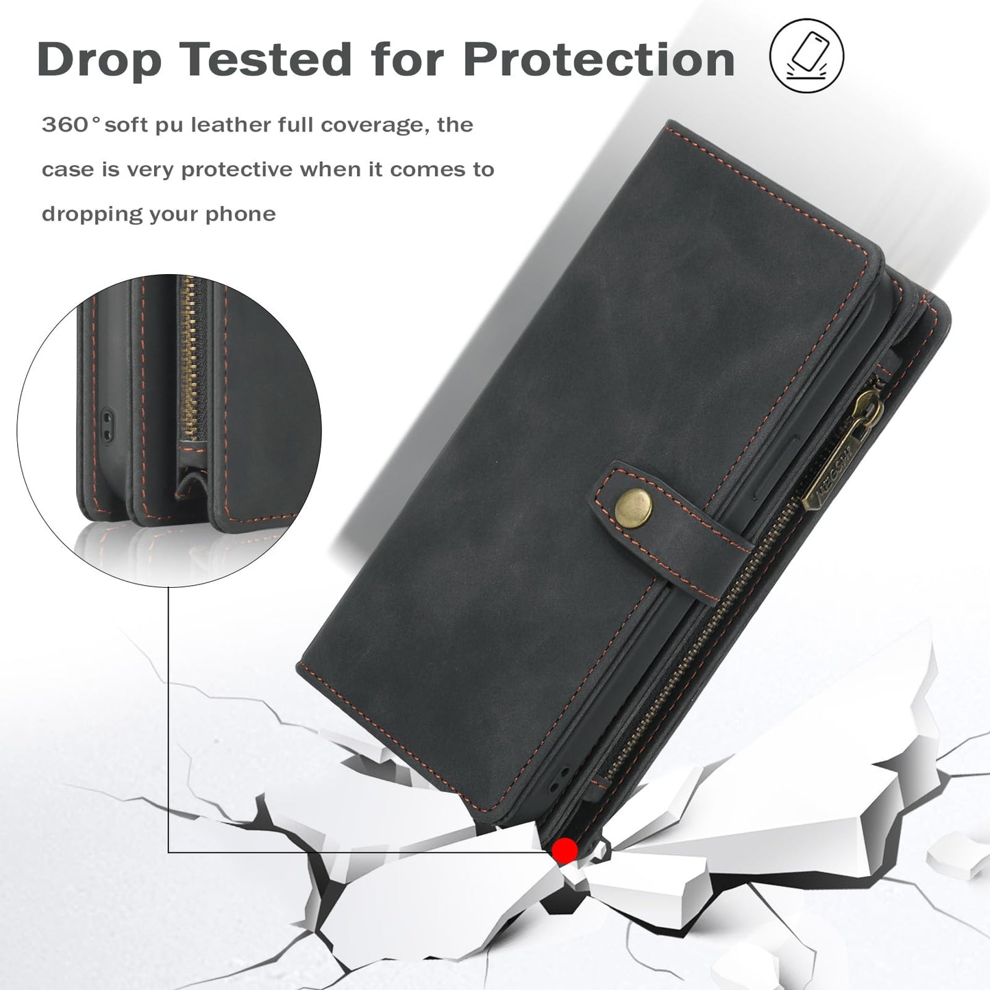 TwoHead for Samsung Galaxy S24 Ultra Wallet Case with Card Holder, Detachable Magnetic Phone Case for S24 Ultra,PU Leather All-Round Protective Phone Case Wallet with Wrist Strap,Black