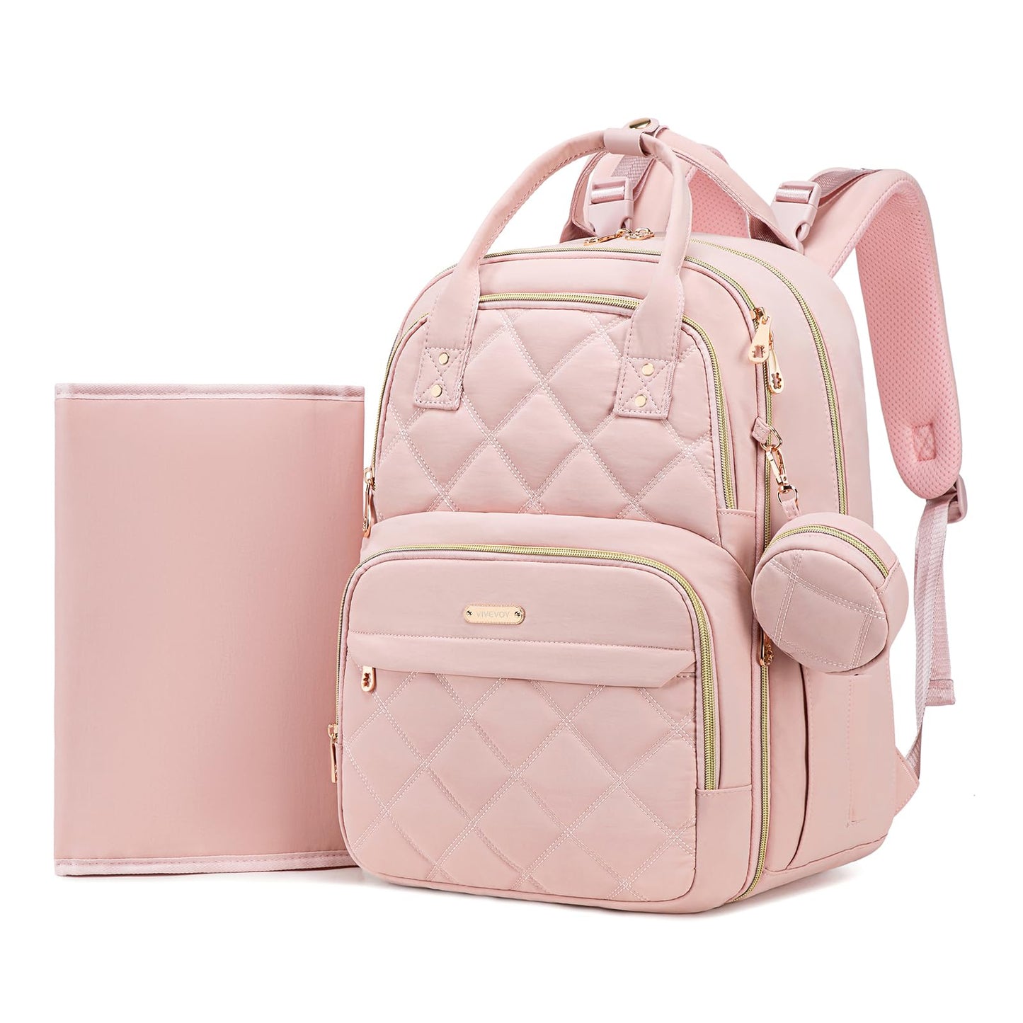 ViveVoy Diaper Bag Backpack, Large 26L Baby Bag with Portable Changing Pad & Pacifier Case, Waterproof Quilted Maternity Backpack for Mom and Dad, Travel Essentials with Insulated Pockets, Pink