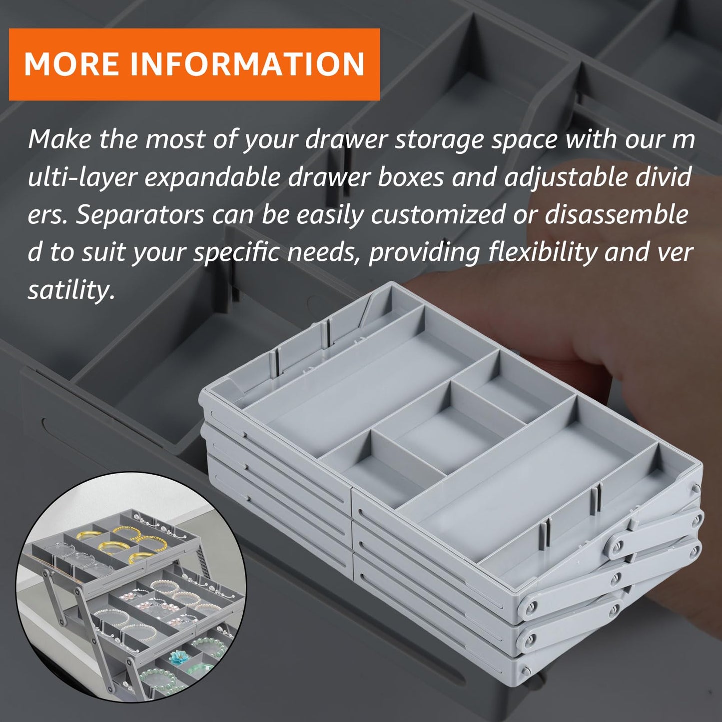 2/3 Tier Drawer Organizer, Collapsible Multi Level Drawer Organizer Tray, Expandable Bathroom Desk Drawer Organizer Trays, Adjustable Compartments Storage Trays for Jewelry (Single Row 3 Tiers)