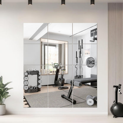 WRSION 12PCS 14"x12" Home Gym Mirror, Wall Mirrors Decorative Shatterproof Self Adhesive Glass Mirror Tiles for Gym, Bedroom, Bathroom, Living Room