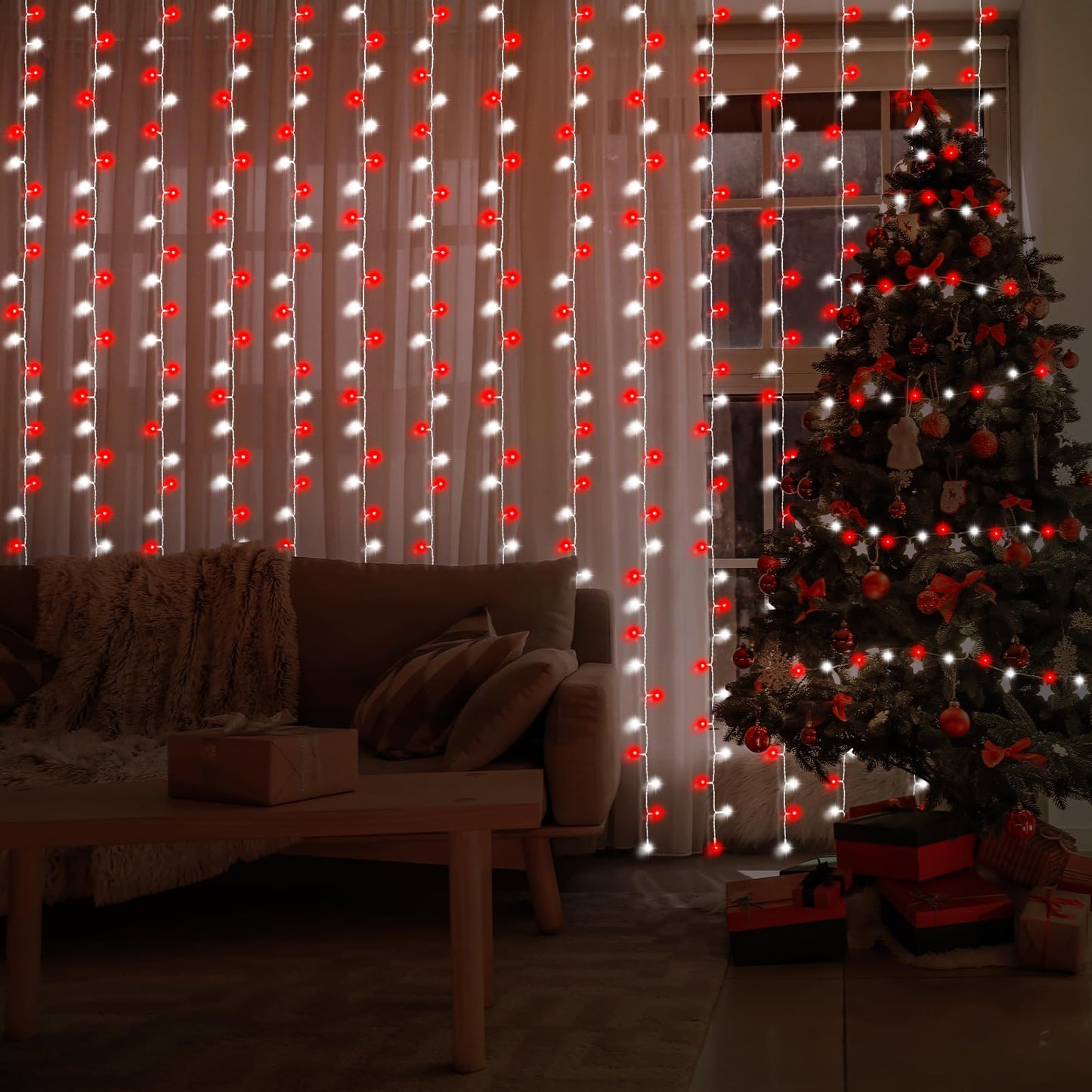 DealBeta Battery Operated Curtain Lights Christmas Red White with Remote 9.8×9.8ft