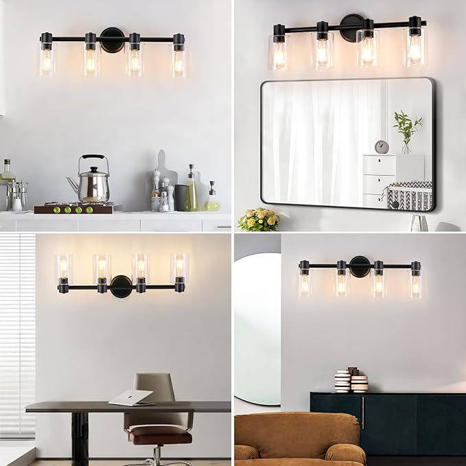 4 Light Bathroom Wall Light Fixtures Black Bathroom Wall Sconce with Clear Glass Lights Over Mirror Vanity Lights E26 Base