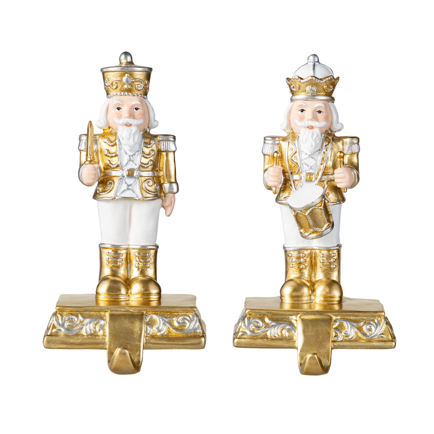 Glitzhome Nutcracker Christmas Stocking Holders, Set of 2 Gold and White Polyresin Mantel Hooks for Fireplace, Holiday Decor with Non-Slip Base