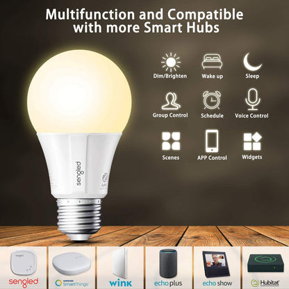 Sengled Smart Light Bulbs, Zigbee Hub Required, Works with Alexa and SmartThings, Voice Control with Google Home and Echo with built-in Hub, Soft White 60W Equivalent A19 Dimmable Smart Bulbs, 4-Pack