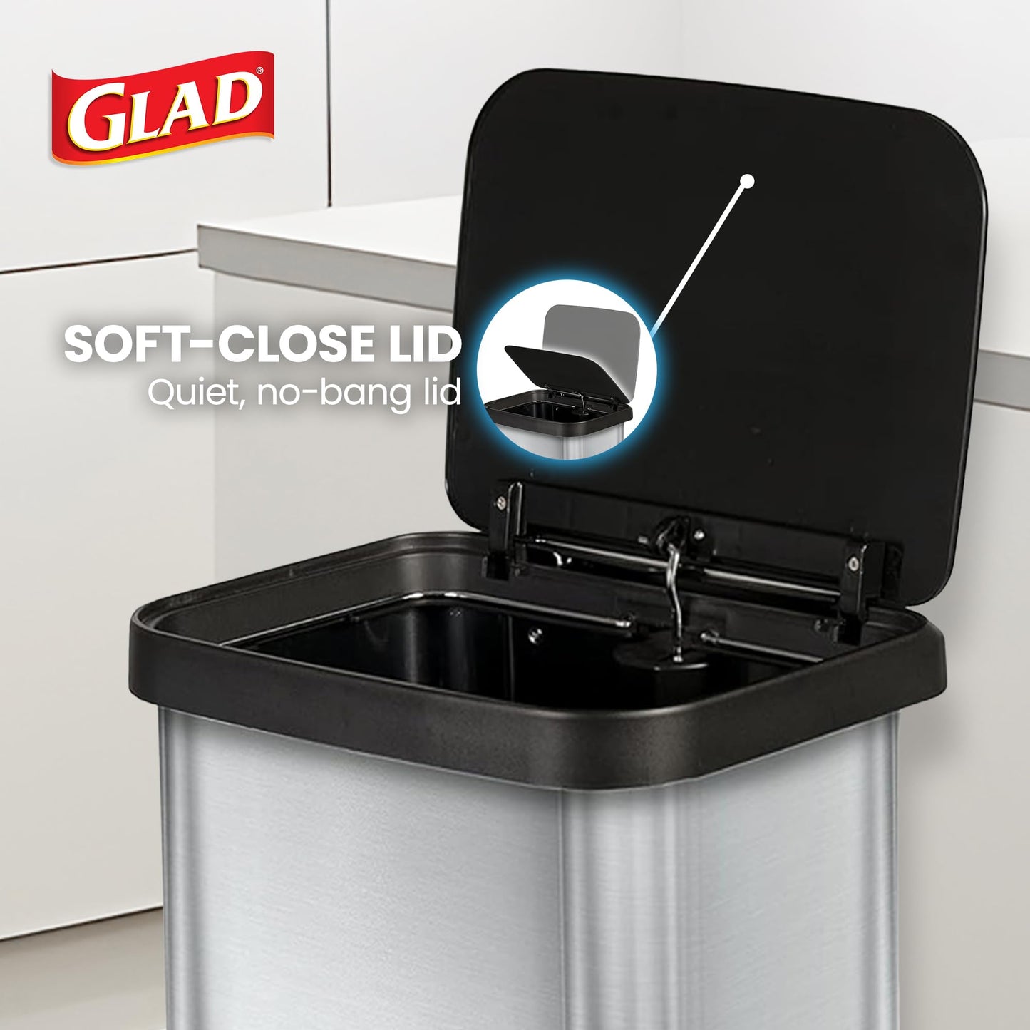 Glad Stainless Steel Step Trash Can with Clorox Odor Protection | Large Metal Kitchen Garbage Bin with Soft Close Lid, Foot Pedal and Waste Bag Roll Holder, 20 Gallon, Stainless