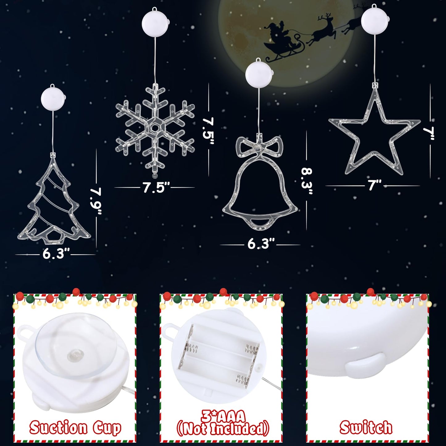 Waipfaru 4 PCS Christmas Window Lights with Timer Function, Christmas Window Decorations Jingle Bell Snowflake Christmas Tree Star Lights with Suction Cup for Decorations Indoor Outdoor