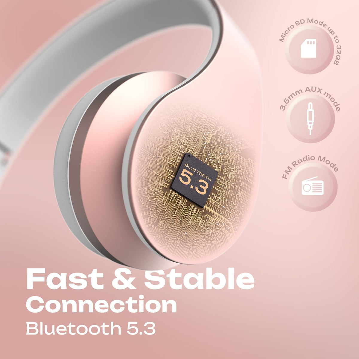 PowerLocus Wireless Bluetooth Over-Ear Stereo Foldable Headphones, Wired Headsets with Built-in Microphone for iPhone, Samsung, LG, iPad (Rose Gold)