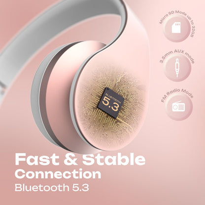 PowerLocus Wireless Bluetooth Over-Ear Stereo Foldable Headphones, Wired Headsets with Built-in Microphone for iPhone, Samsung, LG, iPad (Rose Gold)