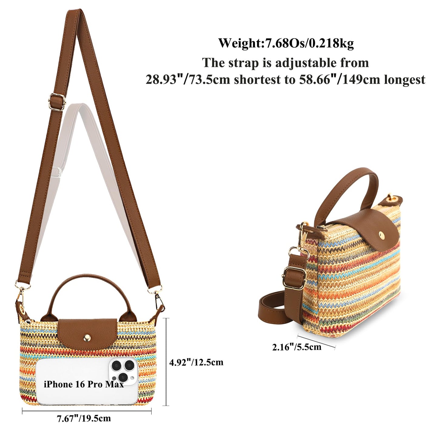 BBORGDC Straw Crossbody Bag for Women, Small Woven Mini Tote Purse, Colorful Striped Summer Beach Shoulder Handbag with Top Handle, RFID, Lightweight Travel Daily Bag