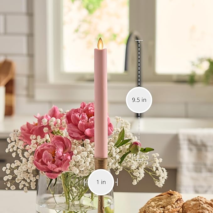 Luminara Flameless Candle Taper (1" x 9.5") Melted Top Real Wax Unscented Remote Ready Timer (Crystal Rose)
