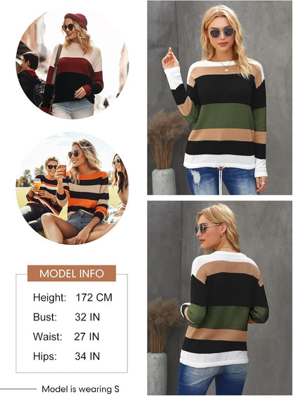 Dokotoo Womens Sweaters Striped Fall Winter Outfits 2025 Crewneck Drawstring Color Block Fashion Clothing
