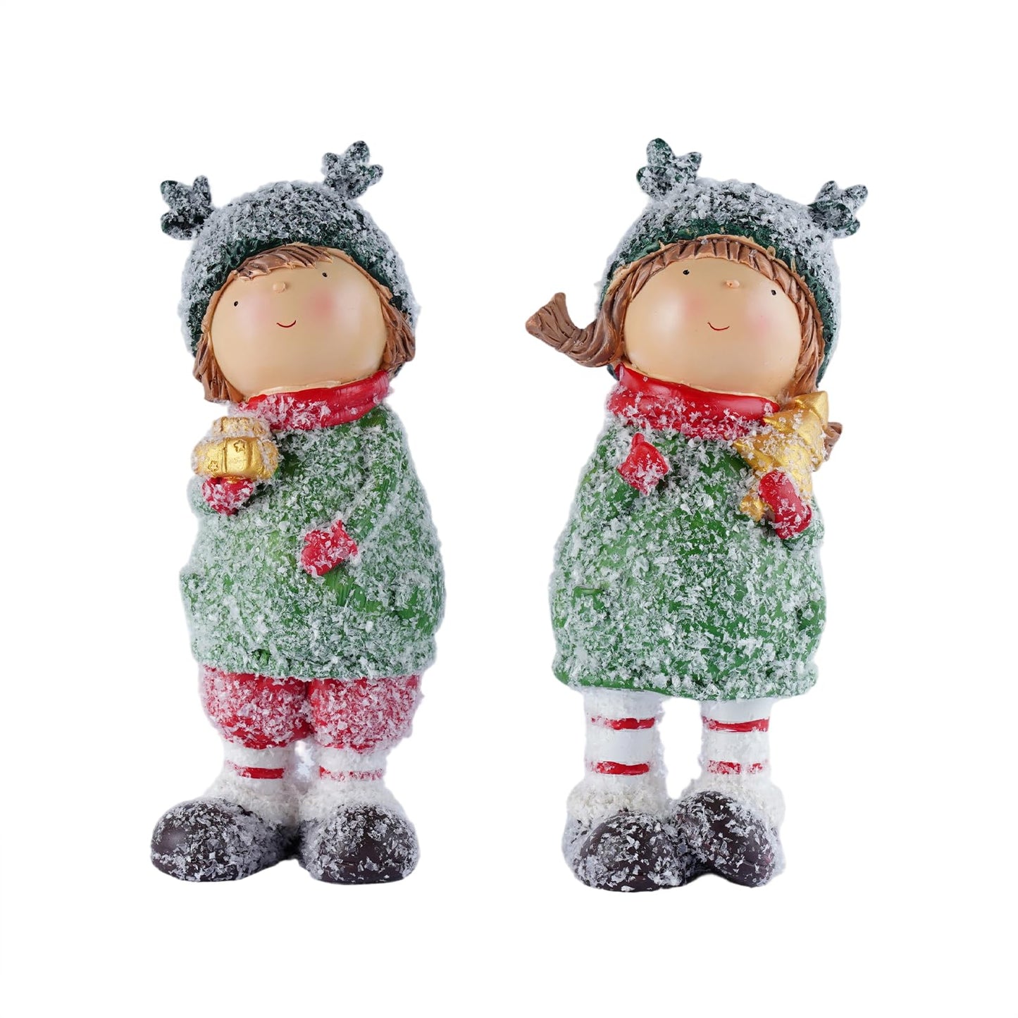 Brizoria Charming Winter Figurines Set of 2 Christmas Boy and Girl Statues Cute Kids Resin Holiday Figurines Winter Decorations Indoor for Home Mantel and Shelf Decor, 9"