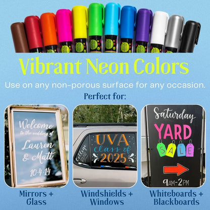 MoodClue Liquid Chalk Markers Neon 12 Pack. Bold Wet & Dry Erase Marker Pens. Erasable and Washable Chalkboard Markers for Windows, Mirrors, Glass, Whiteboards. Reversible Thick and Fine Tip.