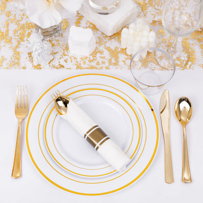 WELLIFE 350-Piece Gold Disposable Plates and Cutlery Set - Premium 10.25" Dinner Plates, 7.5" Dessert Plates, 9oz Cups & Cutlery for Weddings, Catering Events - 50 Guest Service - Elegant & Sturdy