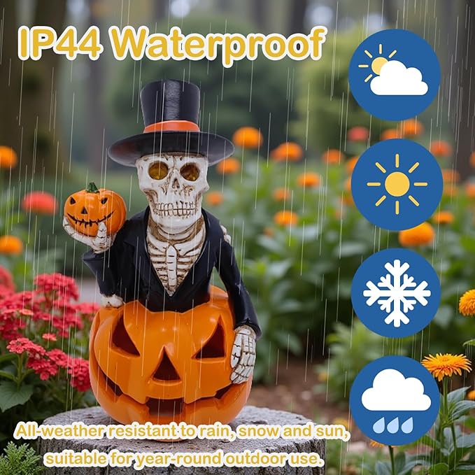 Halloween Solar Skeleton Pumpkin Lights Decor, Led Jack-O-Lantern Pumpkin Skulls Statue Figurine Light for Outside Garden Yard Porch Halloween Party & Home Indoor Outdoor Decorations