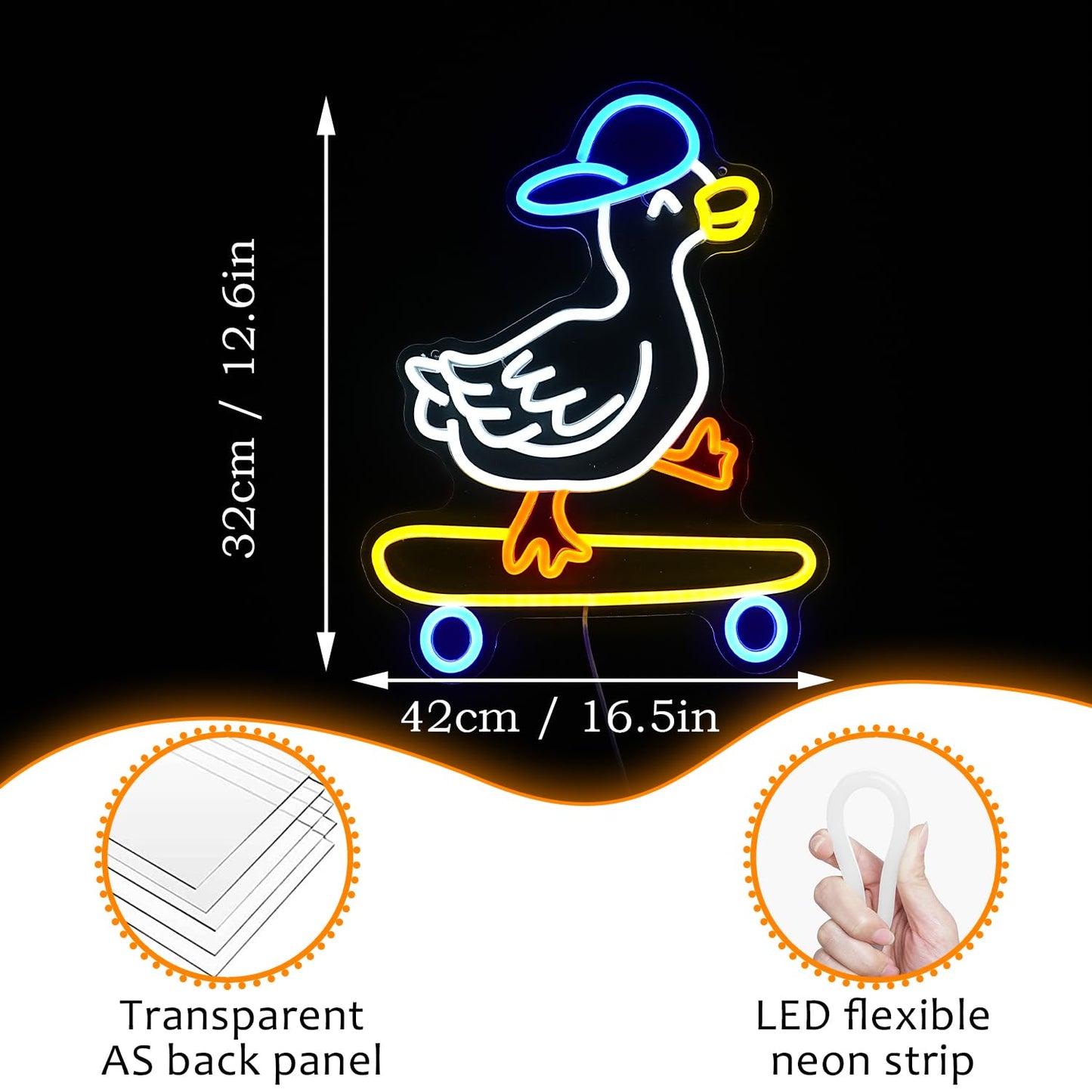Skateboard Duck Neon Sign Dimmable LED Happy Duck Neon Light USB Powered Hat Duck Light Up Sign for Living Room Bedroom Art Wall Decor Boy Girl Gifts (16.5”*12.6”)
