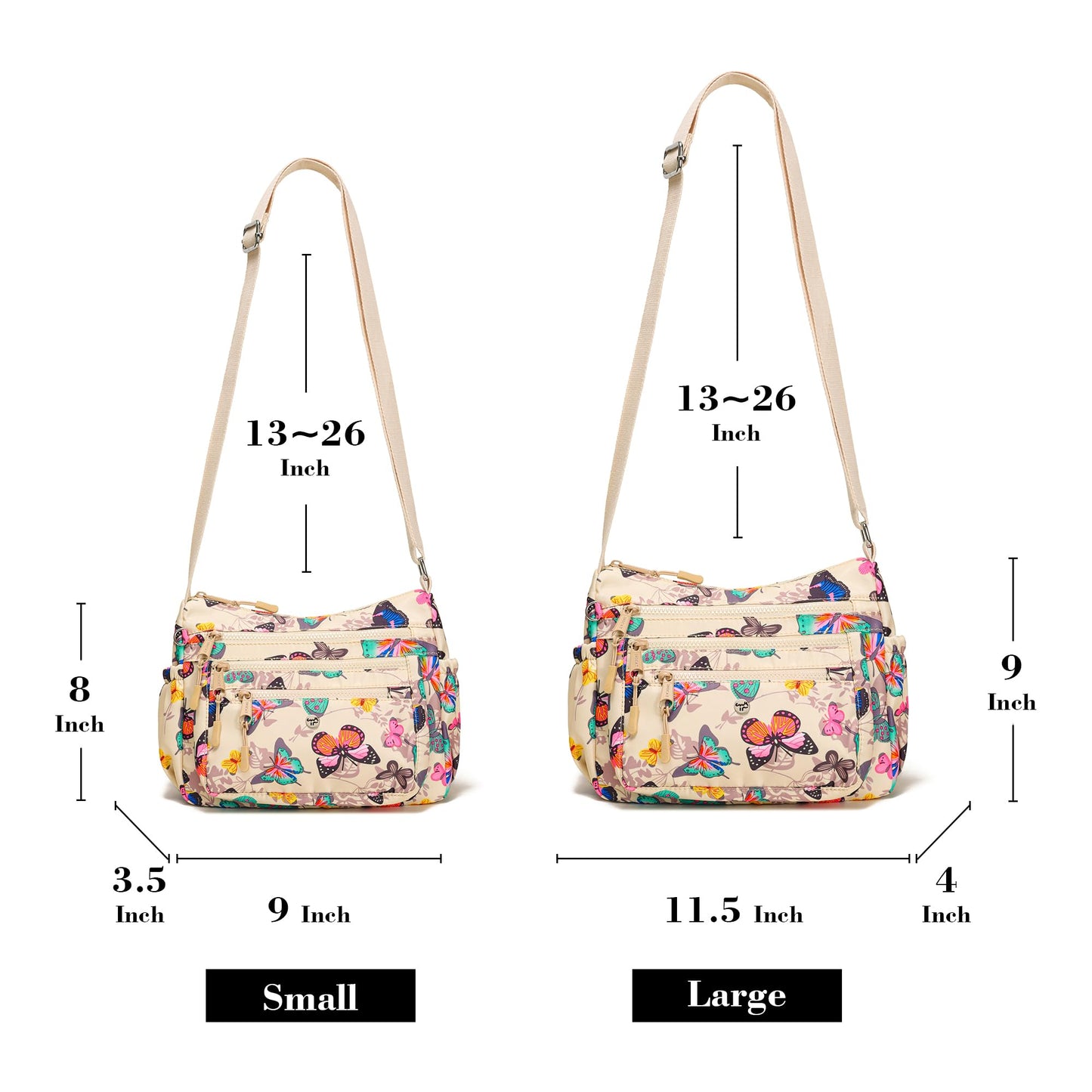 AOCINA Crossbody Bags for Women Multi Pocket Nylon Lightweight Ladies Purses Messenger Shoulder Handbags Satchel Travel Bag (Beige Butterfly)