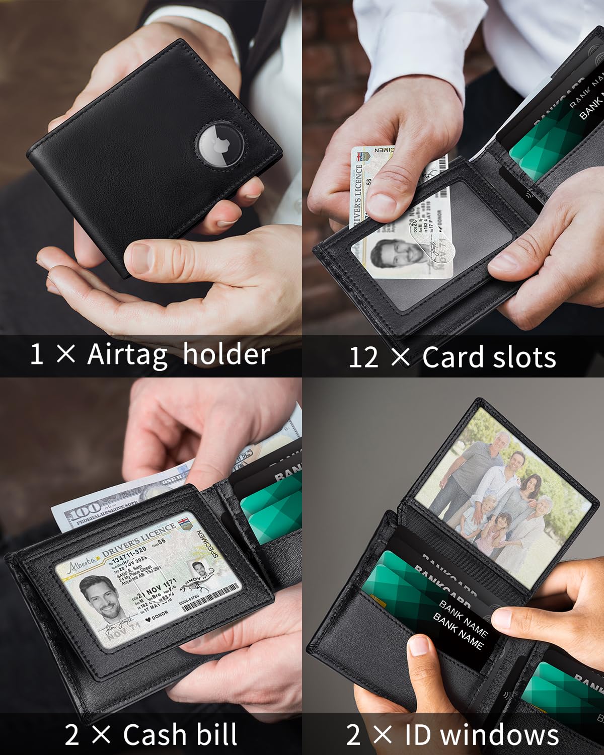 Serovi Mens Wallet with AirTag holder,Genuine Leather Bifold Wallets for Men RFID Blocking With 2 ID Window and 12 Cards Holders Gift Box (Airtag Not included)