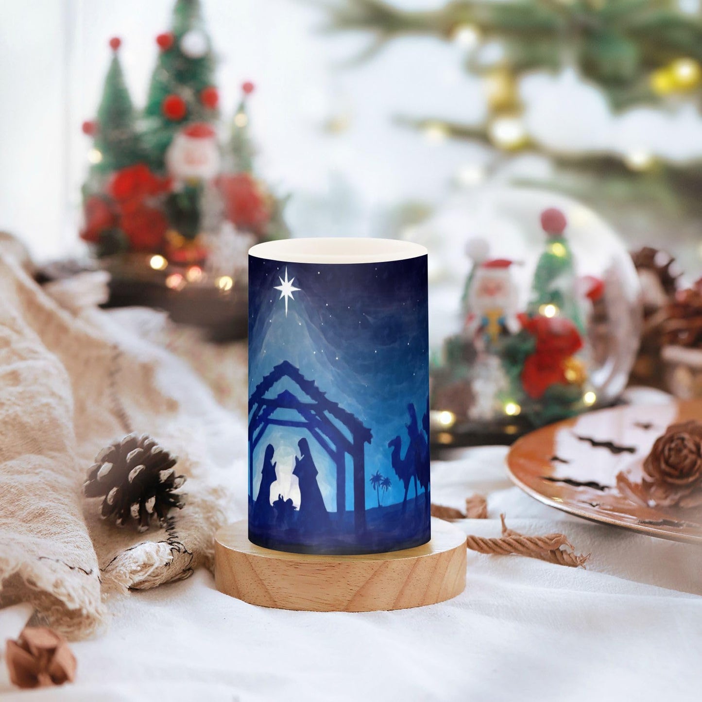 ALAZA Christmas Nativity Scene Blue Flickering Flameless Candles Battery Operated with Remote Timer,Tea Light Candles LED Pillar Votive Candles Set of 2 for Outdoor Indoor Decorations
