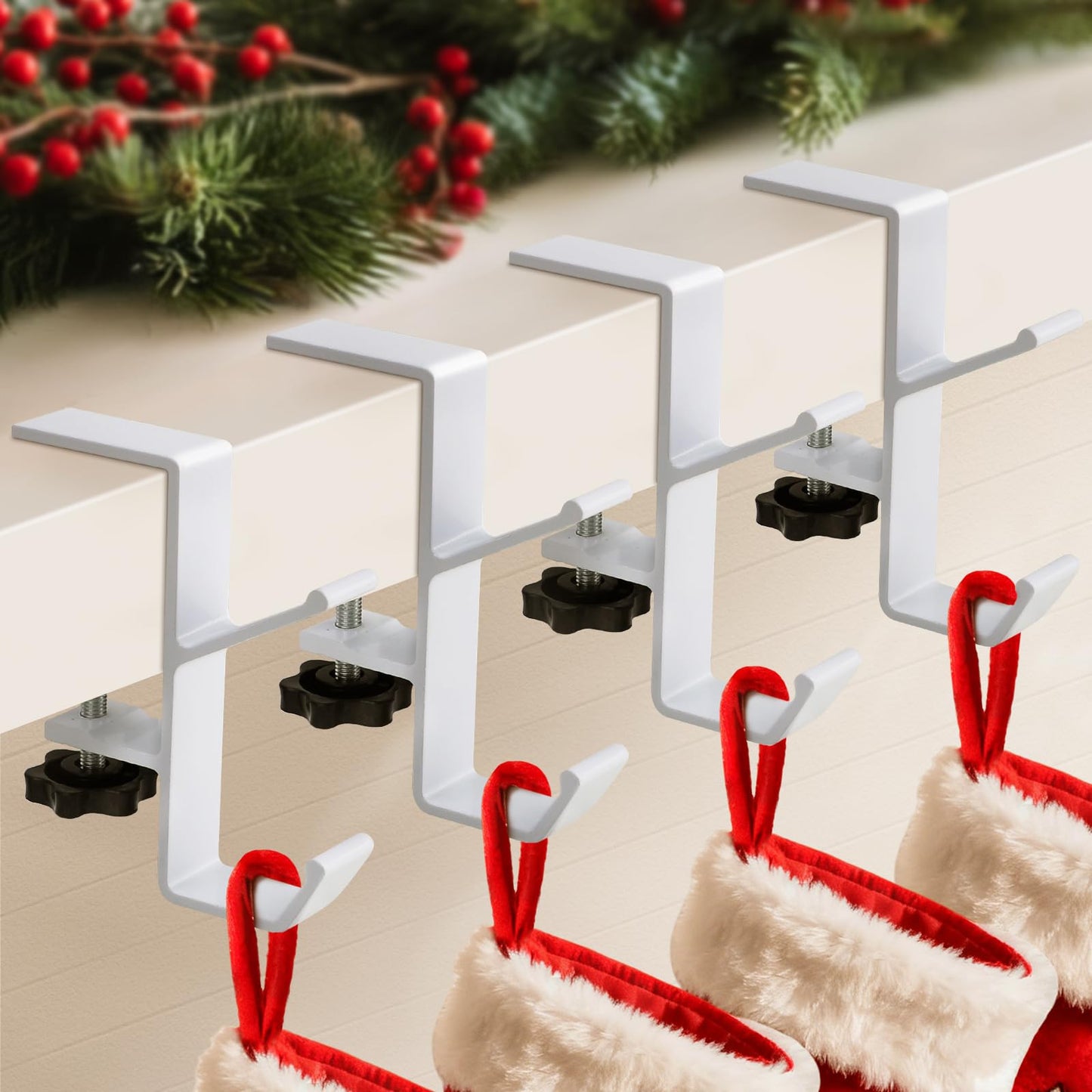 ANOEPUY 4 Pack Stocking Holders for Mantle for Christmas Decorations,2 in 1 Mantle Garland Holder for Hanging Christmas Stockings,No Drilling Required & Adjustable Garland Hanger, Metal(White)