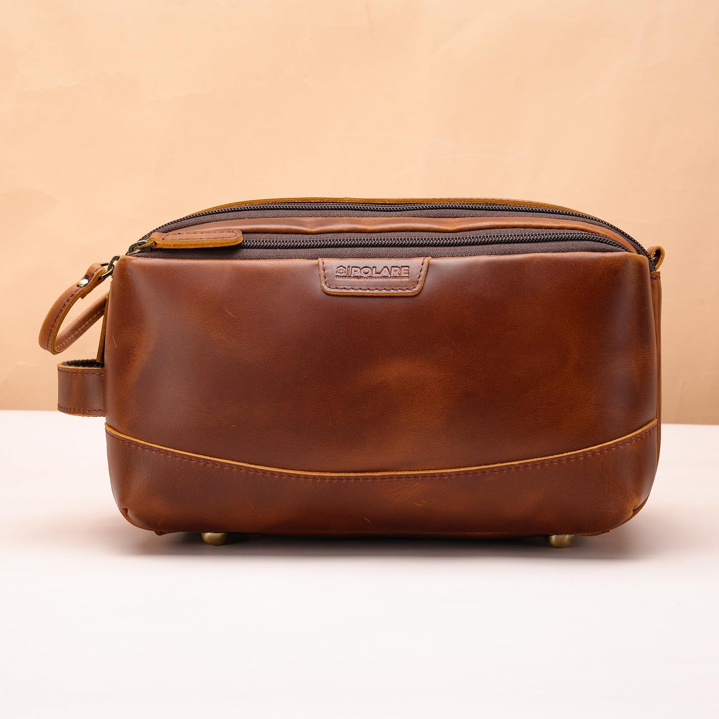 Polare Full Grain Leather Toiletry Bag for Men Large Travel Cosmetic Case Dopp Kit Shaving Kit Wash Pouch with YKK Zippers (Brown)