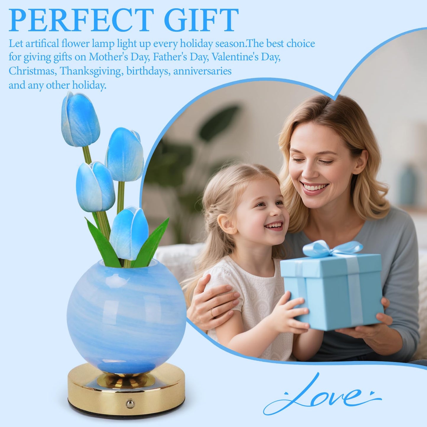 Strackvial Tulip Table Lamp, Rechargeable Cordless Touch Dimming Artificial Tulip Flower Desk Lamp, LED Flower Bedside Night Light Romantic Gifts for Girl Women Mom (Blue)