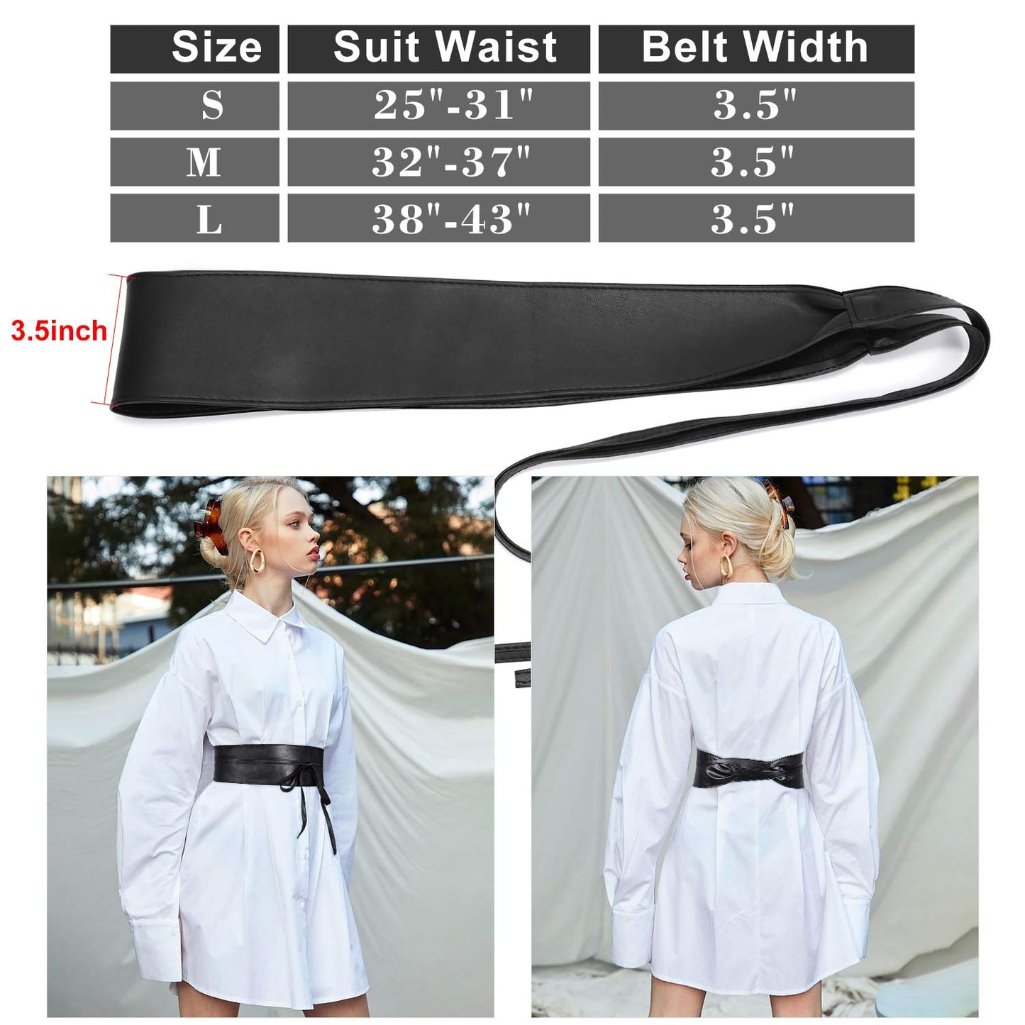 4 Pack WERFORU Women Obi Belt PU Leather Self Tie Wrap Wide Waistband Boho Belt for Costumes, Black+White+Brown+Coffee, Suit for Waist Size 25"-32"