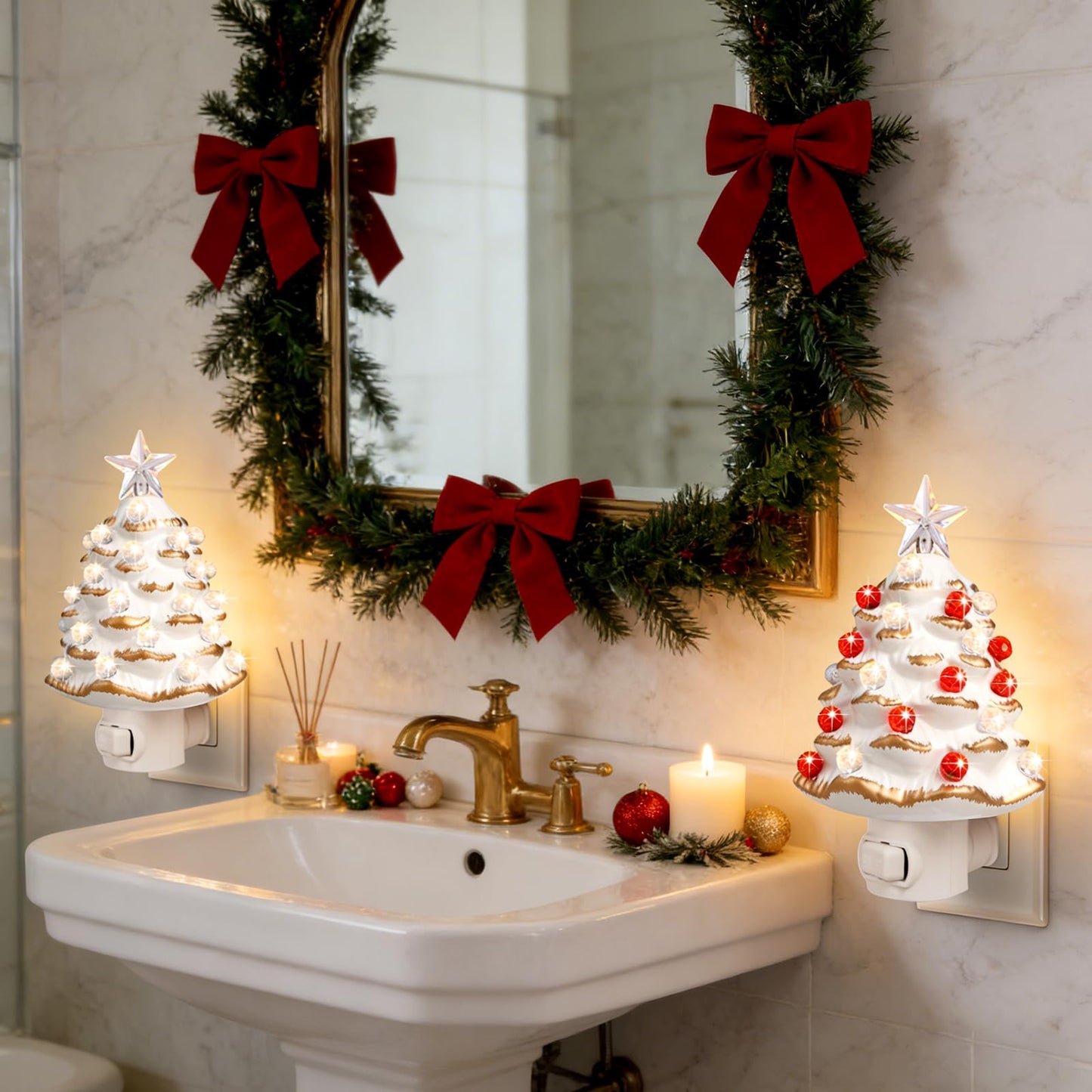 JOVYNX Valentines Day Gifts Ceramic Valentines Tree Night Light Plug in - 2 Pack 6.3" Christmas Nightlight with 360°Rotatable Plug,Nostalgic Christmas Night Lights for Bathroom Bedroom Living Room
