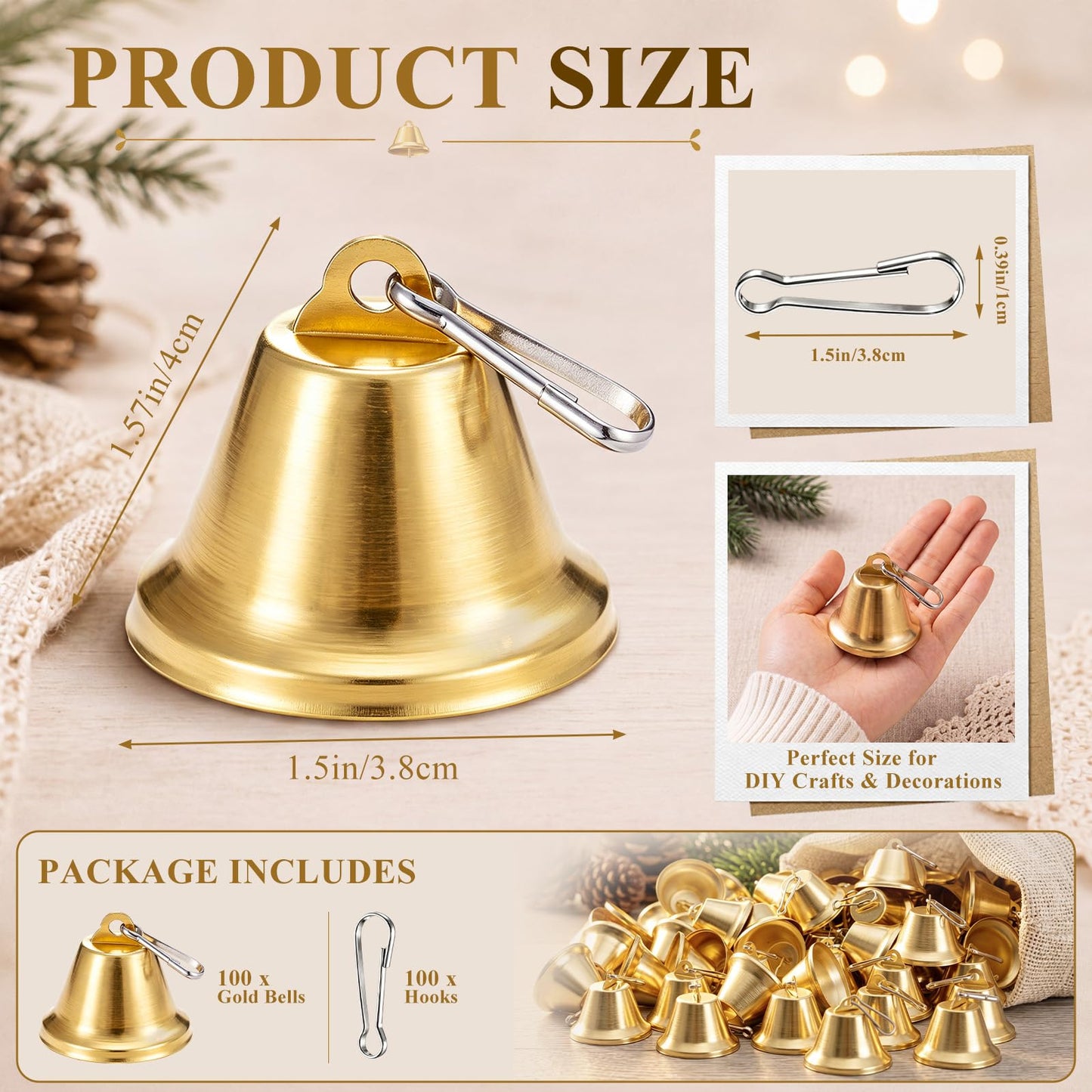 Shimeyao 100 Pieces Gold Bells 1.5 x 1.57 Inch Ornament Small Bells with Spring Hooks for Craft Wind Chimes Dog Potty Training Doorbell Wedding Decor Craft Making Hanging Favor