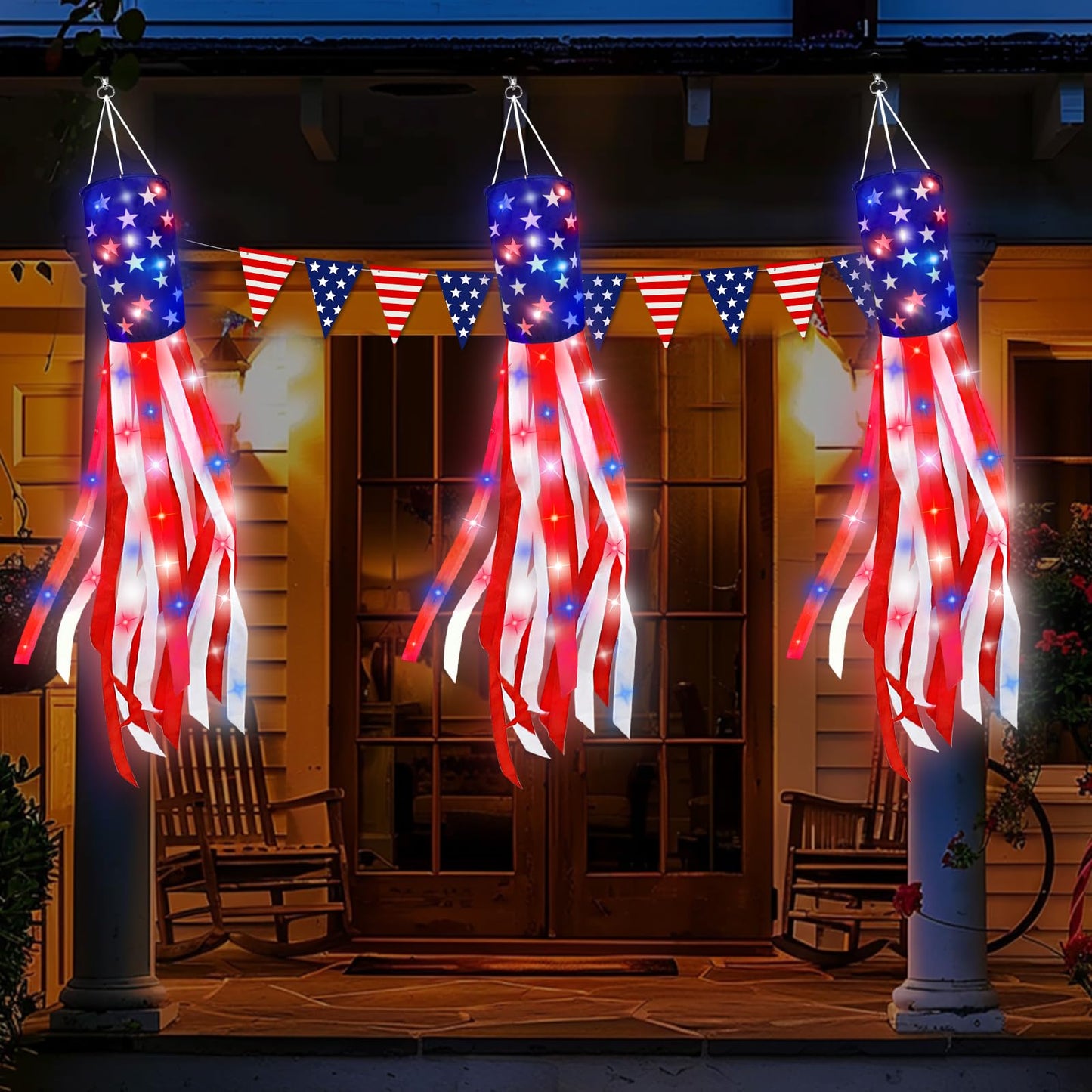 3 Pack 40" American Flag Windsock with Lights 4th of July Decorations, 250th Anniversary USA Red White Blue Star Stripes Patriotic Windsock Memorial Day Independence Day Fourth of July Outdoor Decor