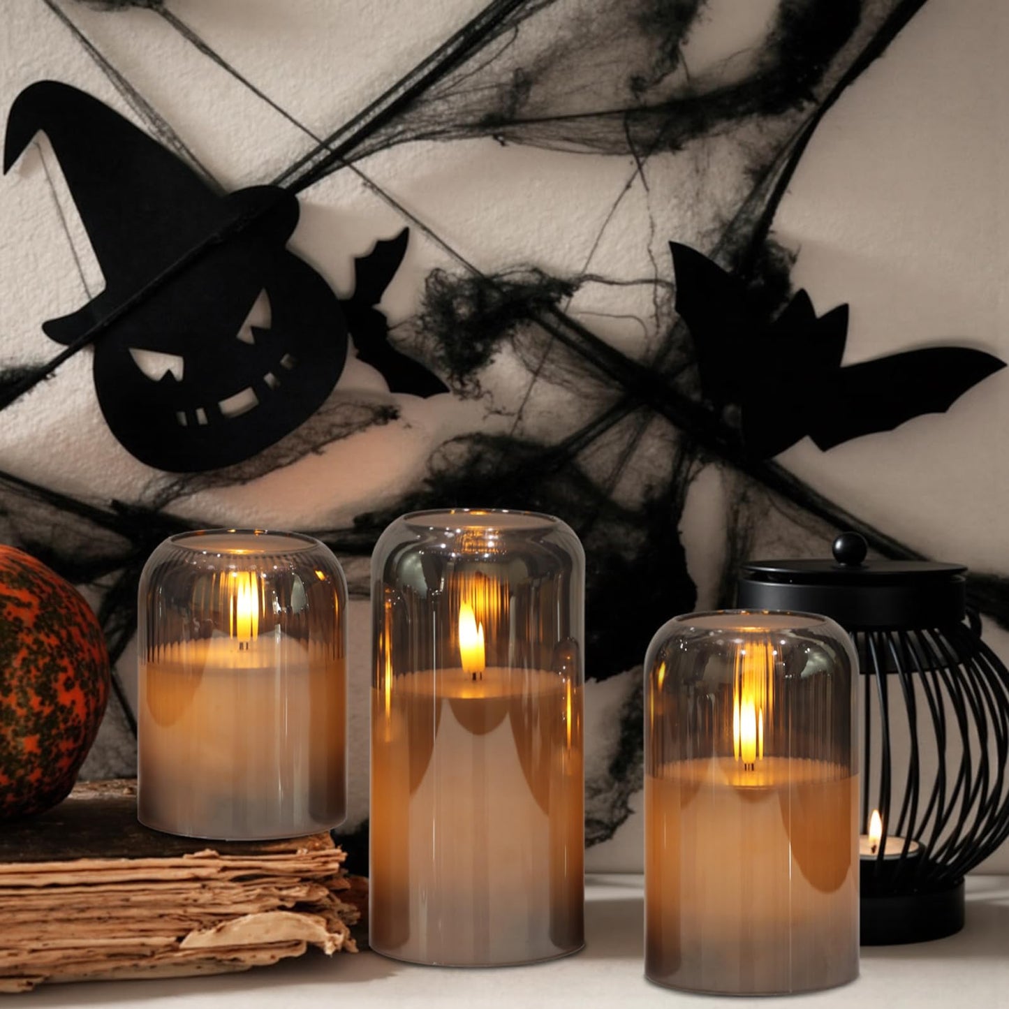 KunSwenn Glass Flameless Candles, Striped Glass Flameless Candles with Remote, Set of 3 Battery Operated Candles with Flickering 3D Wick, LED Pillar Candle for Home Halloween Decor(Grey, D3”xH4”5”6”)