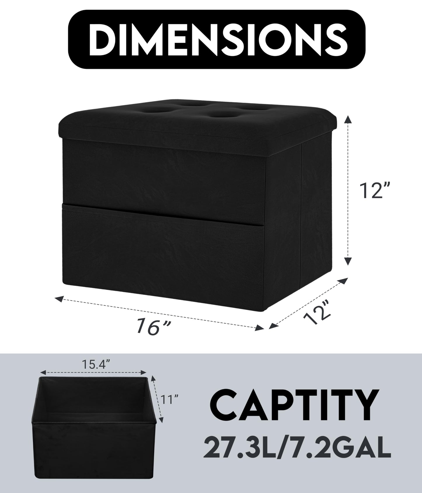Zoes Homeware Small Storage Ottoman Foot Rest, Velvet Ottoman with Storage and Side Pocket, Black Foot Rest for Couch, Foldable Footstool for Chair, Living Room&Dorm, 16"x12"x12"