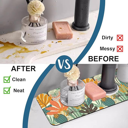 Abstract Leaves Sink Faucet Absorbing Mat Boho Leaves Super Absorbent Fast