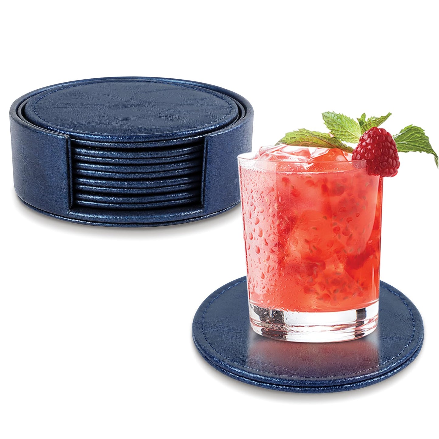 Leather Coasters Set of 6 with Holder, Tabletop Protection, Coffee Table & Bar Decoration, Modern-Style Drink Coasters Suitable for Home Dining Tables & Kitchen Accessories (Blue)