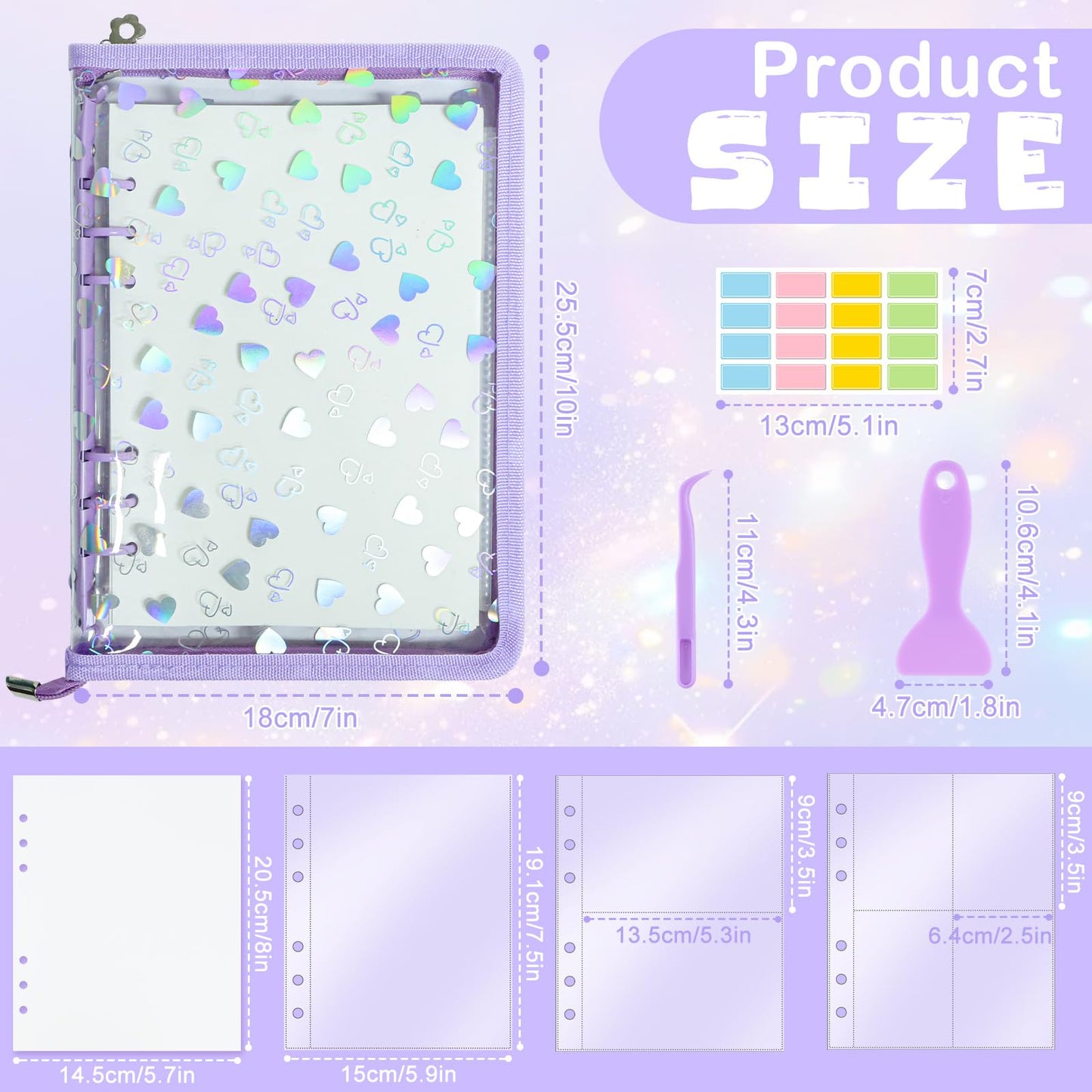 Sticker Storage Organizer Binder A5 Sticker Zipper Photocard Binder Holder Collecting Book Organizing Trading Card Album Holder with Blank Reusable Release Paper Purple(Heart)