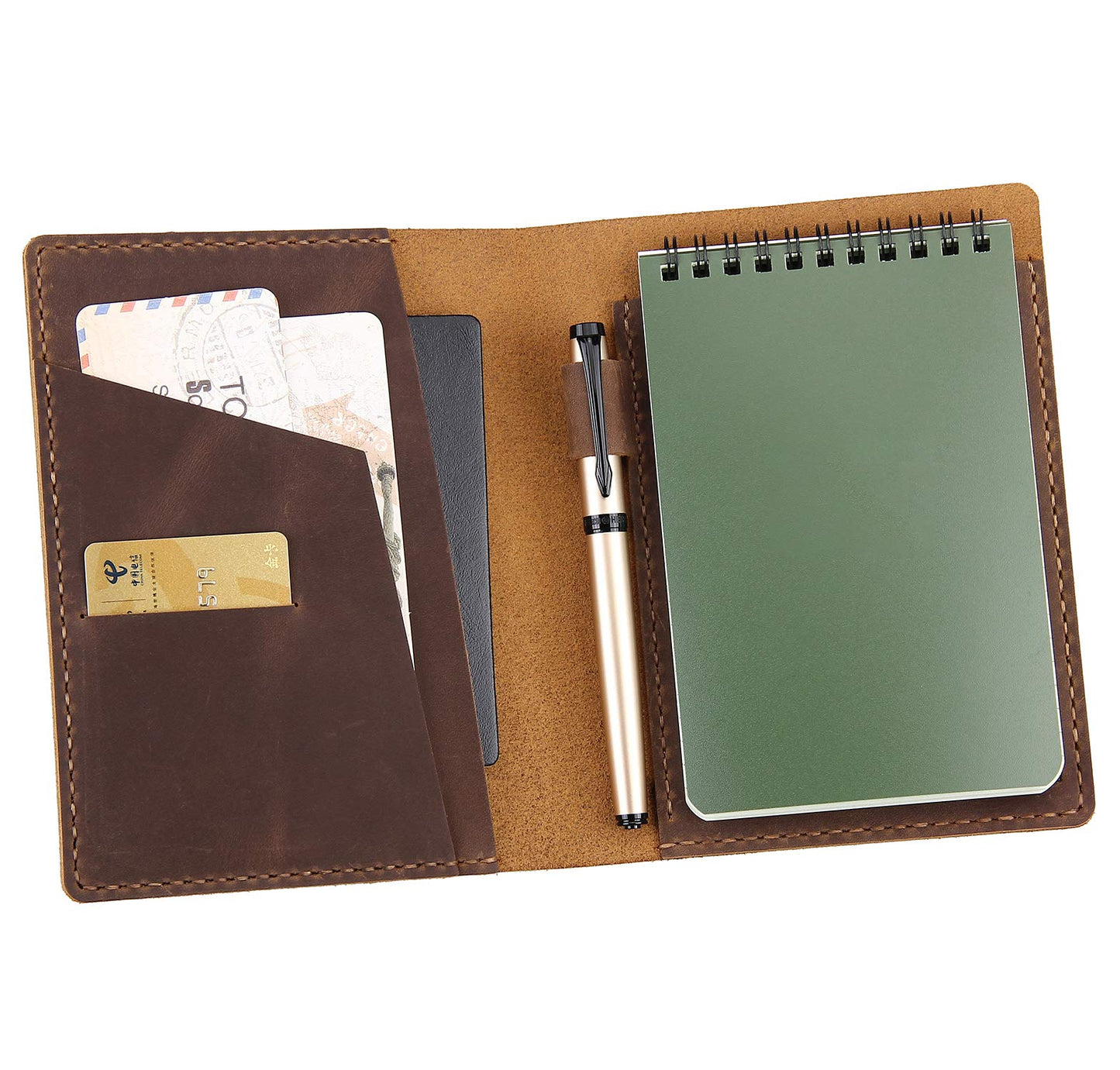 Fasjosma Leather Cover Compatible with Rite in the Rain & Rocketbook Mini Notebooks, Top Bound Spiral Notebook Cover, Leather Cover for 4'' x 6'' Pocket Notepad With Pen Holder - Brown