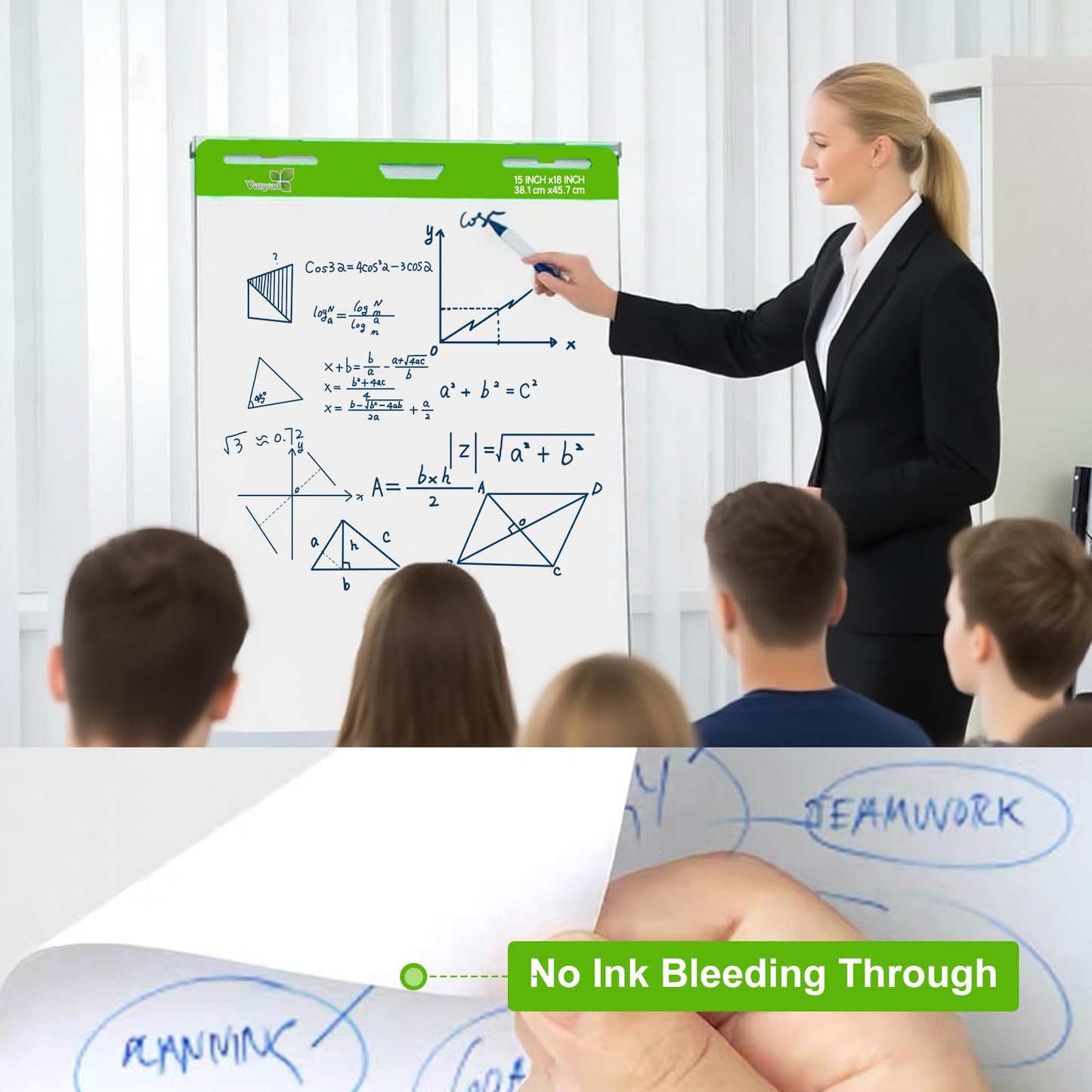 Sticky Easel Pad 15 in x 18 in, 35 Sheets/Pad, 4 Pads/Pack, 140 Sheets， Large White Sticky Easel Paper for Office and Classrooms, Flip Chart Paper for Teachers，Super Sticking Power & Bleed-Resistant