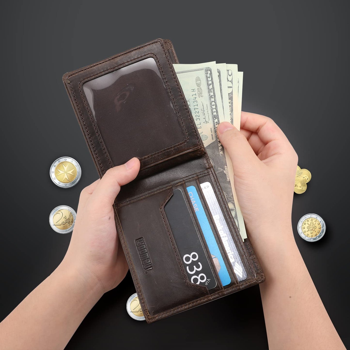 LYOOMALL Wallet for Men, Large Capacity Genuine Leather RFID Blocking Bifold Wallet/Credit Card Holder for Men, with Coin Pocket, Zipper Cash Pocket, ID Window and 10 Card Slots (Coffee)