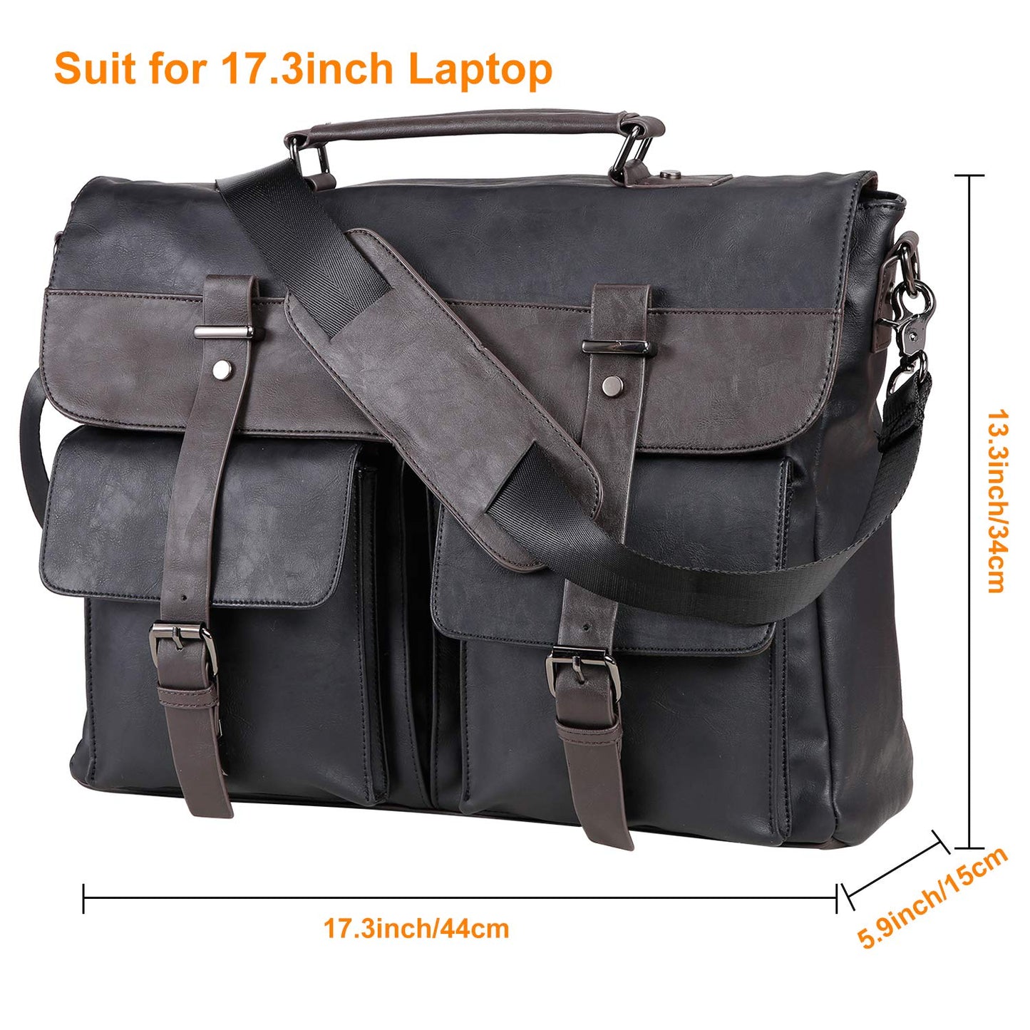 seyfocnia Men's Vintage Black 17.3 Inch Water Resistant PU Leather Laptop Bag, Messenger Bag, Satchel, Briefcase