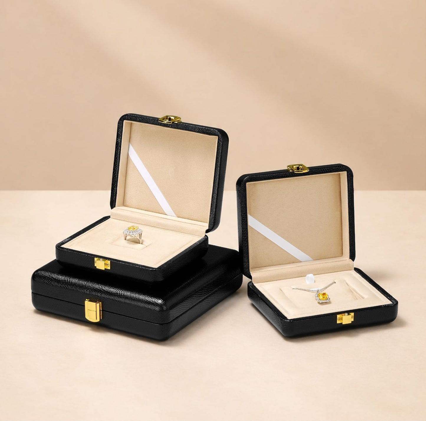 Oirlv Black Leather Jewelry Set Box with Gold Clasp, Luxury Velvet Lined Organizer for Rings, Necklaces & Earrings